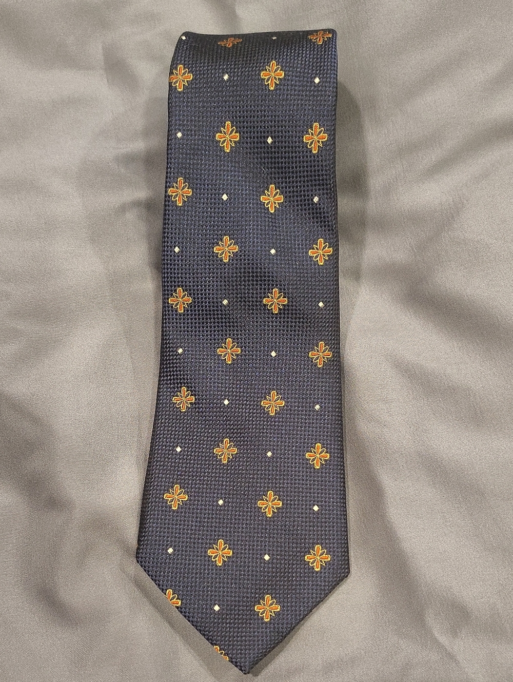 Lands' End Navy Tie with Gold Floral Medallions